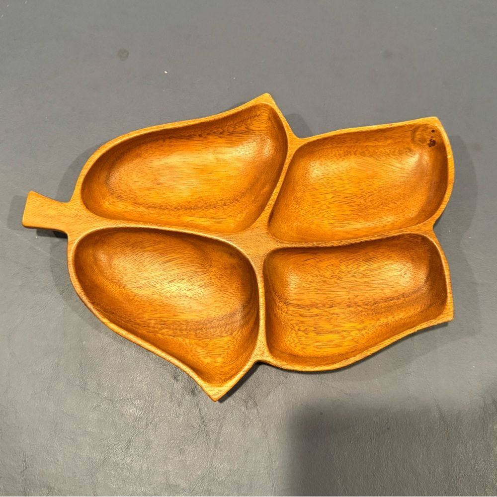 Vintage hand carved monkey pod wood leaf-shaped divided serving tray